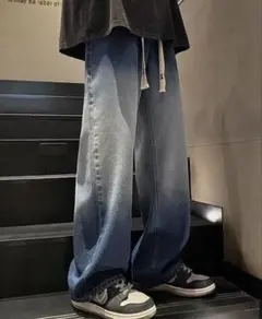 ワイドデニム　カジュアルパンツ　韓国　アメカジ　Lサイズ　ブルー