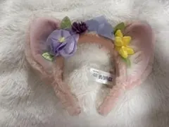 ピンクの耳付きカチューシャ 花飾り付き　リーナベル