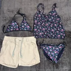 レディース水着　ブラック花柄　4点セット　9号