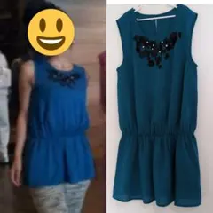 リエンダ　ノースリーブチェニック　透け感トップス　ドレス　ターコイズ