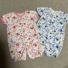 ロンパース 2点セット　ネコ　花　ブルー　ピンク　古着　送料無料　匿名配送