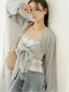 Chico アーガイルリボンキャミカーディガンセット SET グレーのサムネイル