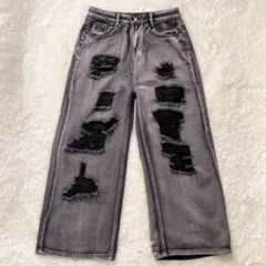 ダメージ加工 グレー ワイドレッグジーンズ Lサイズ
