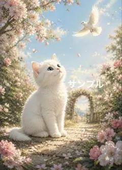 一作限り】花咲く小径を優雅に歩く長毛白猫 A274 - メルカリ