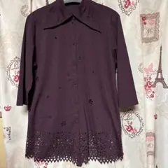トクコプルミエヴォル 袖レースデザイン 半袖シャツ ブラックネイビー 