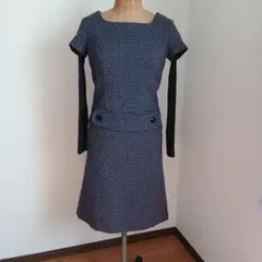 薄ピンクドット柄 半袖 ひざ丈ワンピース　wool素材　ハンドメイド