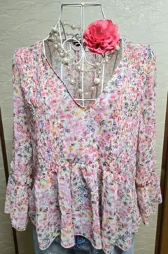 【ZARA】花柄 Vネック チュニック 七分袖 Lサイズ タグなし