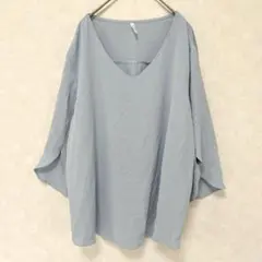 大きいサイズ Vネック ブラウス 七分袖 ゆったり 体型カバー 水色 XL