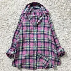 【美品】　ラルフローレン　リネンシャツ　マドラスチェック　ピンク　XL