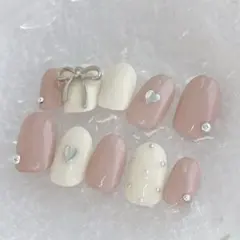 リボンネイル　ハートネイル　夏ネイル　ダスティーベビーP×ミルク　シンプルネイル