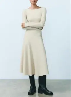 ZARA ソフトリブワンピース　エクリュ　ホワイト　M ロングワンピース