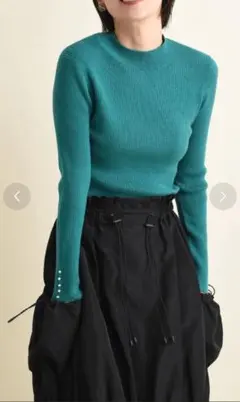 フェイクパール付きハイネックリブニット