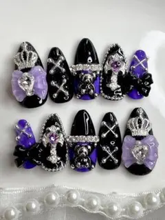 地雷系　量産型　痛ネイル　サブカル　推し活　ネイルチップ　ブラック　紫　Mサイズ
