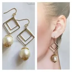 大きなコットンパール×スクエア No.045 ハンドメイドピアス