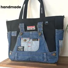 934.ブラック帆布　サイドポケットデニムリメイク　トートバッグ　オーバーオール