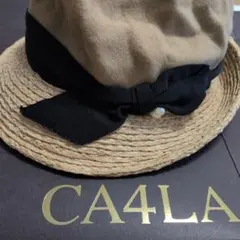 CA4LA ベージュ 黒 リボン 麦わら帽子