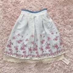 +゜。* リバーシブル 花柄 レース　フレア　スカート　ブルー*。゜+