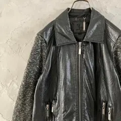 ヴィンテージ　ライダースジャケット　袖切替　フルジップ　レザー調　黒　L HD4