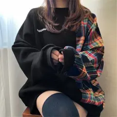 新品Private Beach✦チェック切替スウェット✦黒✦オーバーサイズ
