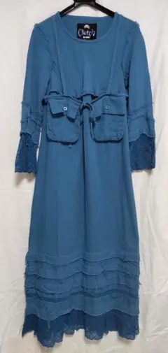 Clutch ロングワンピース 長袖フレアスリーブ サイズM青緑 マキシワンピ