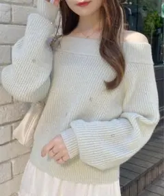 INGNI ラメパールビジュー付オフショルニット ミント 推し活 グリーン