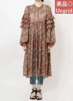 【美品】Ungrid エスニックワンピース　花柄　フリル　ゆったり　オレンジ