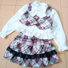 110 女の子　フォーマル　キッズ　チェック　フリルブラウス　スカート　セット