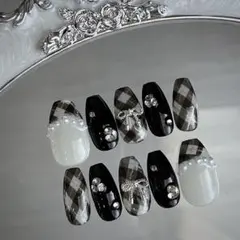 ワンホン チェック 地雷系 スナ系 フレンチガーリー 韓国 量産型 ネイルチップ