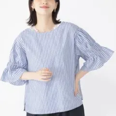 スタディオクリップ＊Wフロントシャーリングスリーブブラウス（美品）ブルーホワイトのサムネイル