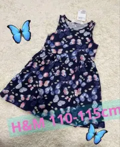 ☀︎H&M110-115cm蝶柄ノースリーブワンピース ネイビー