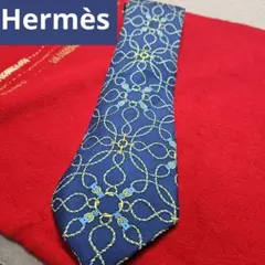 Hermès エルメス ネクタイ ネイビー チェーン柄 シルク 光沢