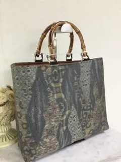ハンドメイド 大島紬 × 本革 着物リメイク トートバッグ 和装バッグ 花