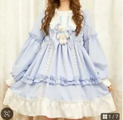 1点のみ　新品　可愛い少女くま付フリルクラシカルロリータワンピースフリー　水色