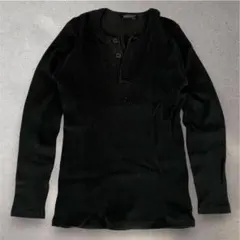 ワッフル ヘンリーネック ロンT 黒 綿100 タイト 日本製 春秋 無地