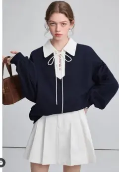 ネイビー スウェット トップス 襟付き