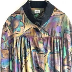 ヴィンテージ 総柄ワンピース くすみカラー バルーン袖 チュニック丈