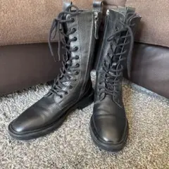 ZARA 編み上げブーツ　サイドジップ　レースアップ　レザー　シボ革　本革