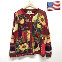 90s ニットカーディガン 刺繍 3D 立体 ヴィンテージ レトロ 古着