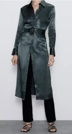 ZARA ダークグリーンサテン シャツワンピース L