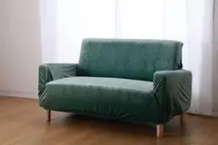 【新品未使用:ベルベット調／グリーン】よこのびソファーカバー　肘付き2人掛け用