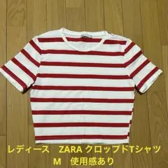 レディース　ZARA 赤と白　ストライプ クロップドTシャツ M　使用感ありのサムネイル