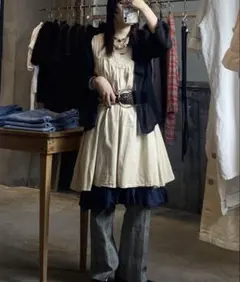 レース装飾 レイヤードノースリーブワンピース