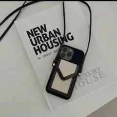 ストラップ付きiPhone 15proケース① 黒と白