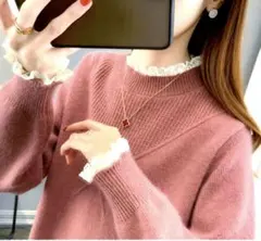 ニット　セーター　モックネック　こなれ感　レイヤー　レース　フリル　モヘヤ　韓国