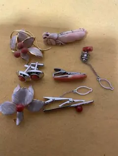 珊瑚 ネクタイピン カフリンクス 带留めセット売り　8点セット　約63g