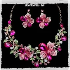 再入荷 ネックレス ピアス セットピンク フラワー ゴールド 社交ダンス