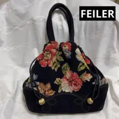 美品 FEILERフェイラー ファイユバッグ　花柄　巾着ハンドバッグ ブラック