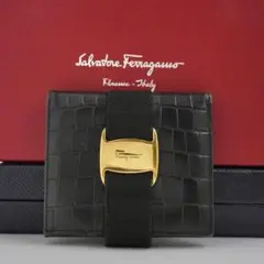 【極美品】Salvatore Ferragamo クロコ 金金具 ヴァラリボン