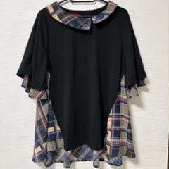 ソマリ somari アシメ襟チェック柄フレアTシャツ M-L 5分袖のサムネイル