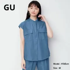 GU ジーユー コットンダブルポケットシャツ フレンチスリーブ ブルー XS
